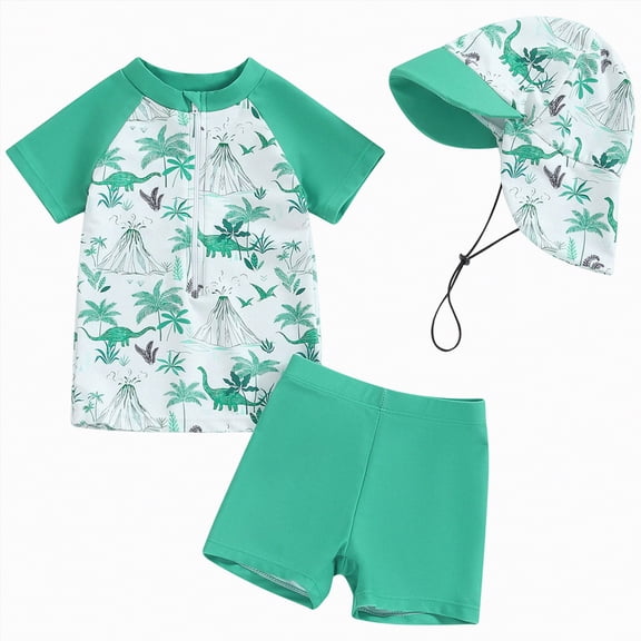 Ymyiu Baby Boy Bathing Suit Baby Boys Swimsuit short Sleeve Swimwear Baby Boy Swim Trunk with Hat Set 3-Piece Toddler Bathing Suit 2T 3T (Green,2-3 Years)
