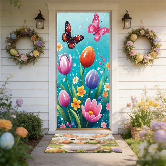 Kumdkd Easter Door Cover 35.43x70.87in, Large Polyester Door Curtain with Bunny & Egg Design, Front Door Wall Hanging Banner for Indoor Outdoor Party Festival Decoration
