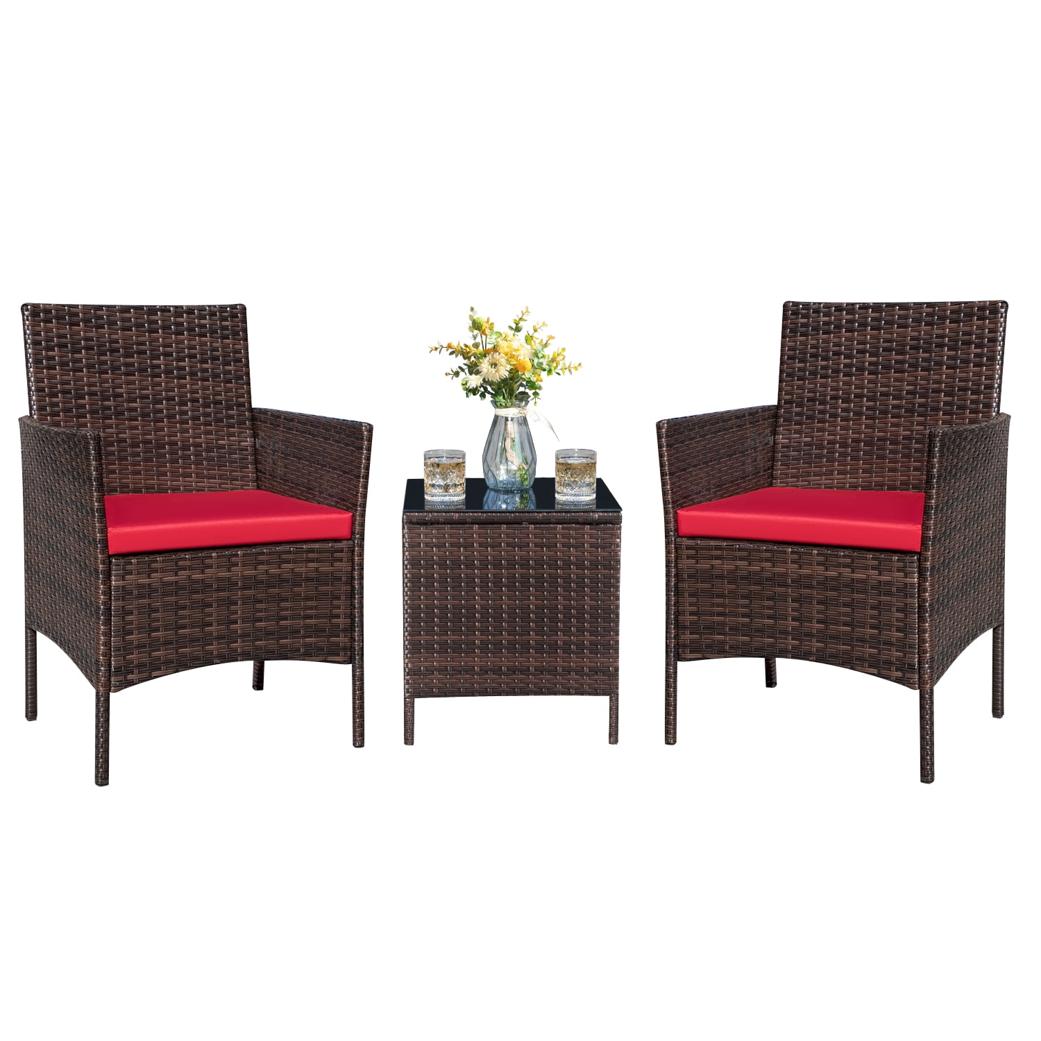 Homall 3 Pieces Patio Furniture Set Outdoor PE Rattan Wicker Patio Conversation Set Bistro Set with Tempered Glass and Cushioned Chairs, Brown/Red