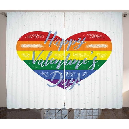 Vintage Rainbow Curtains 2 Panels Set, Happy Valentine`s Day Quote on Distressed Colorful Heart Gay Couples LGBTI, Window Drapes for Living Room Bedroom, 108W X 108L Inches, Multicolor, by
