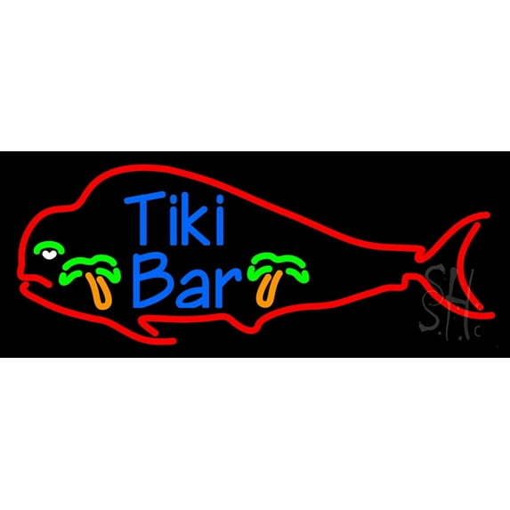Dolphin Tiki Bar LED Neon Sign 10 x 24 - inches, Clear Edge Cut Acrylic Backing, with Dimmer - Bright and Premium built indoor LED Neon Sign for Bar decor.