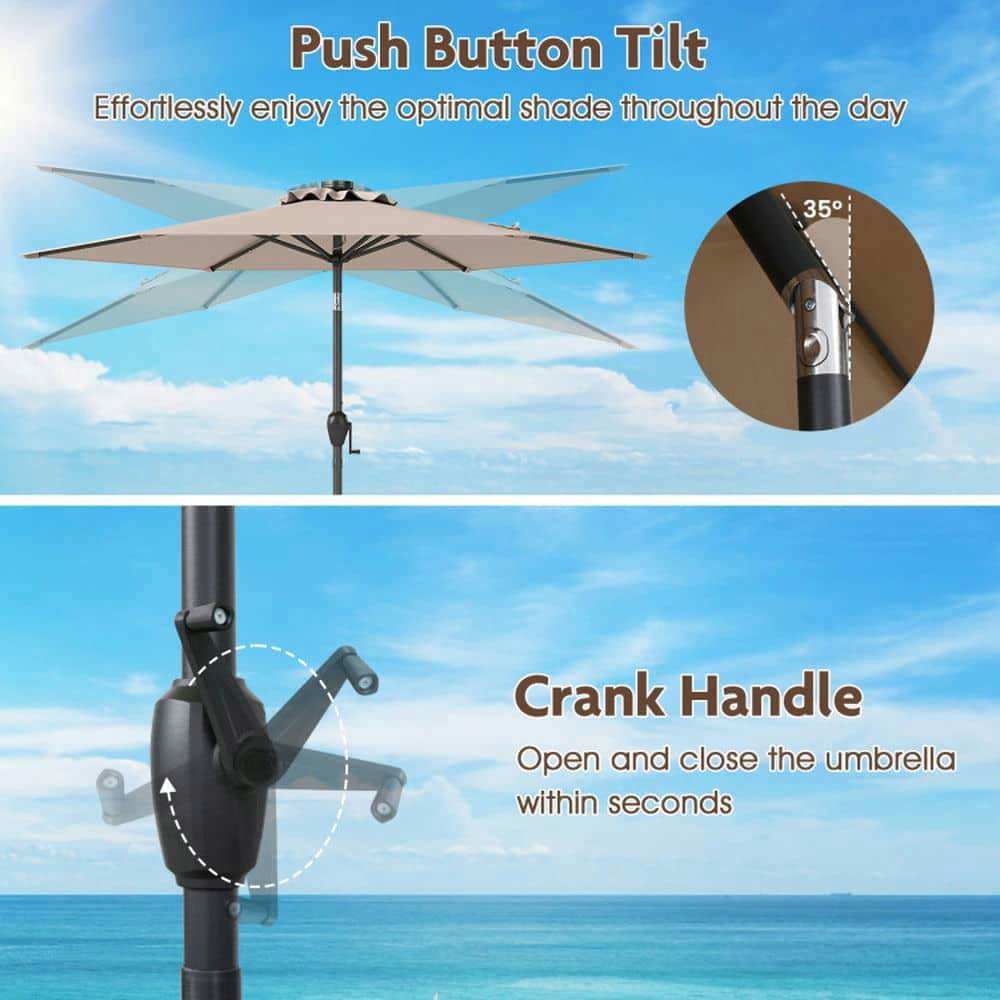 Spaco 7.5 Feet Solar Powered Patio Umbrella, Outdoor Shade with LED Lights and Crank Handle, Brown