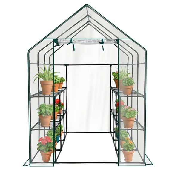 Mini Walk-in Greenhouse with PVC Cover, 8-Shelf Indoor Outdoor Plant Gardening Green House for Garden Backyard, 56" x 56" x 77", Transparent