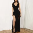 thumbnail image 2 of Vestido sexy de mujer con escote profundo en V, sin mangas y con abertura - Material de terciopelo, cuello cuadrado, lazo en la cintura - Vestido ajustado de fiesta para otoño/invierno, 2 of 3