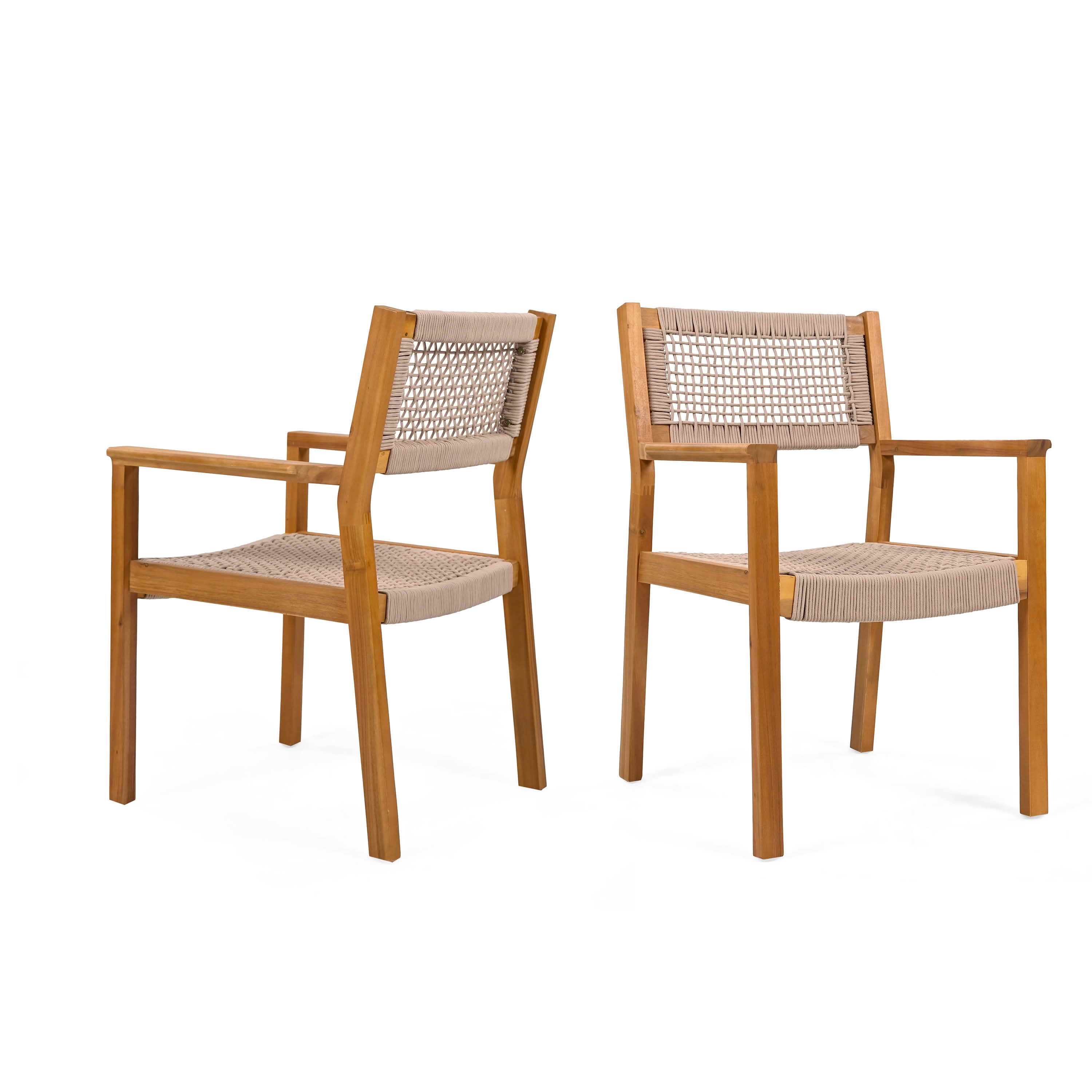 MAYEERTY Set of 2 Patio Teak Finish Acacia Wood Rope Dining Chairs, 400lbs Weight Capacity