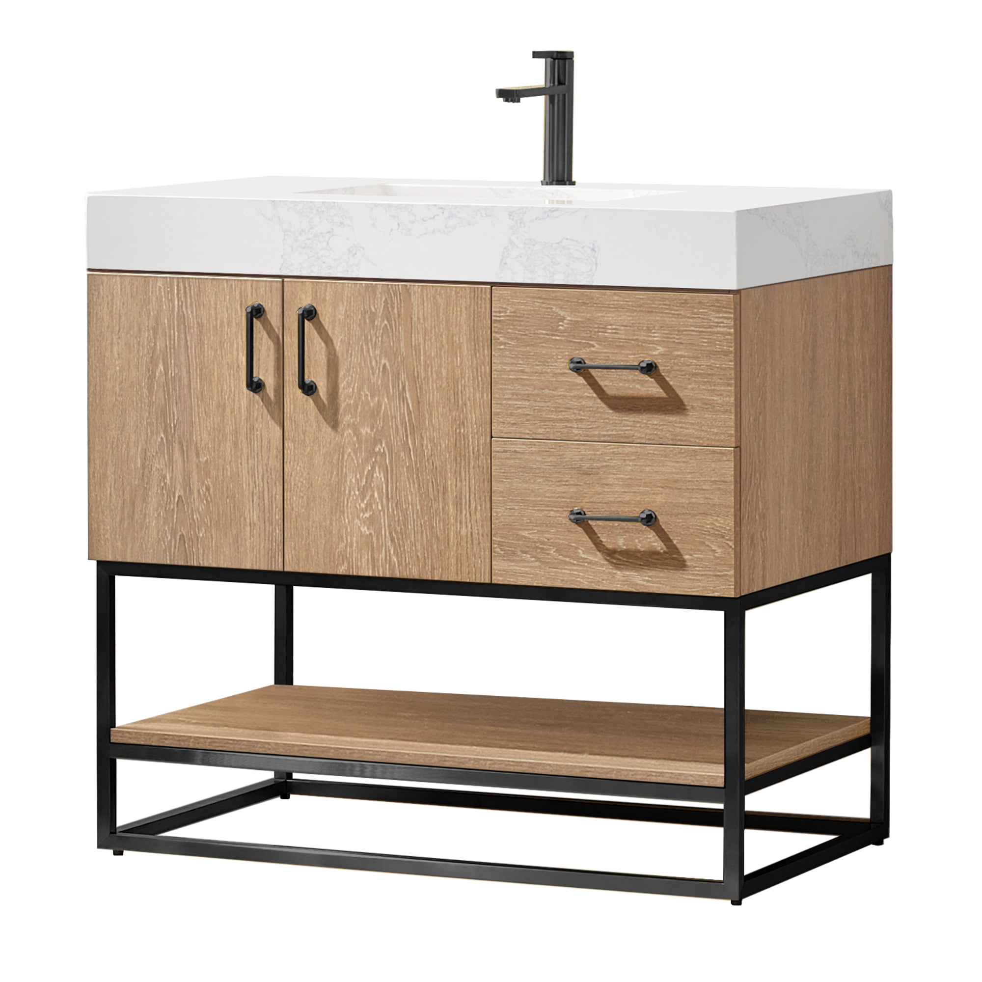 Vinnova Alistair 36" White Stone Top Oak Single Vanity Black Frame w/o Mirror