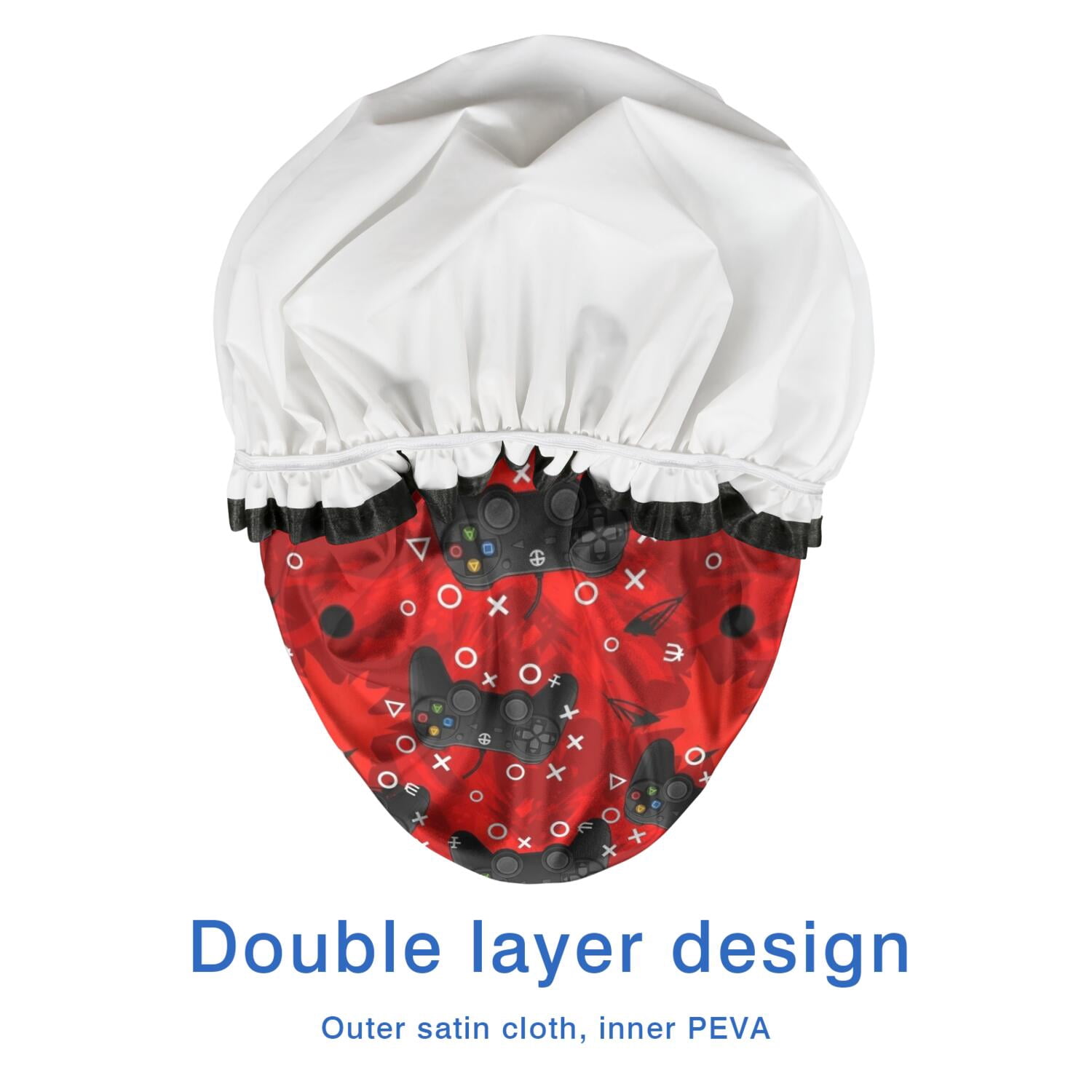 Shower Caps,Black Controllers Games Icons Red Pattern Waterproof Shower Cap for Women 4 Pieces,Double Reusable Hair Cover for Shower PEVA Elastic Stretch Hem
