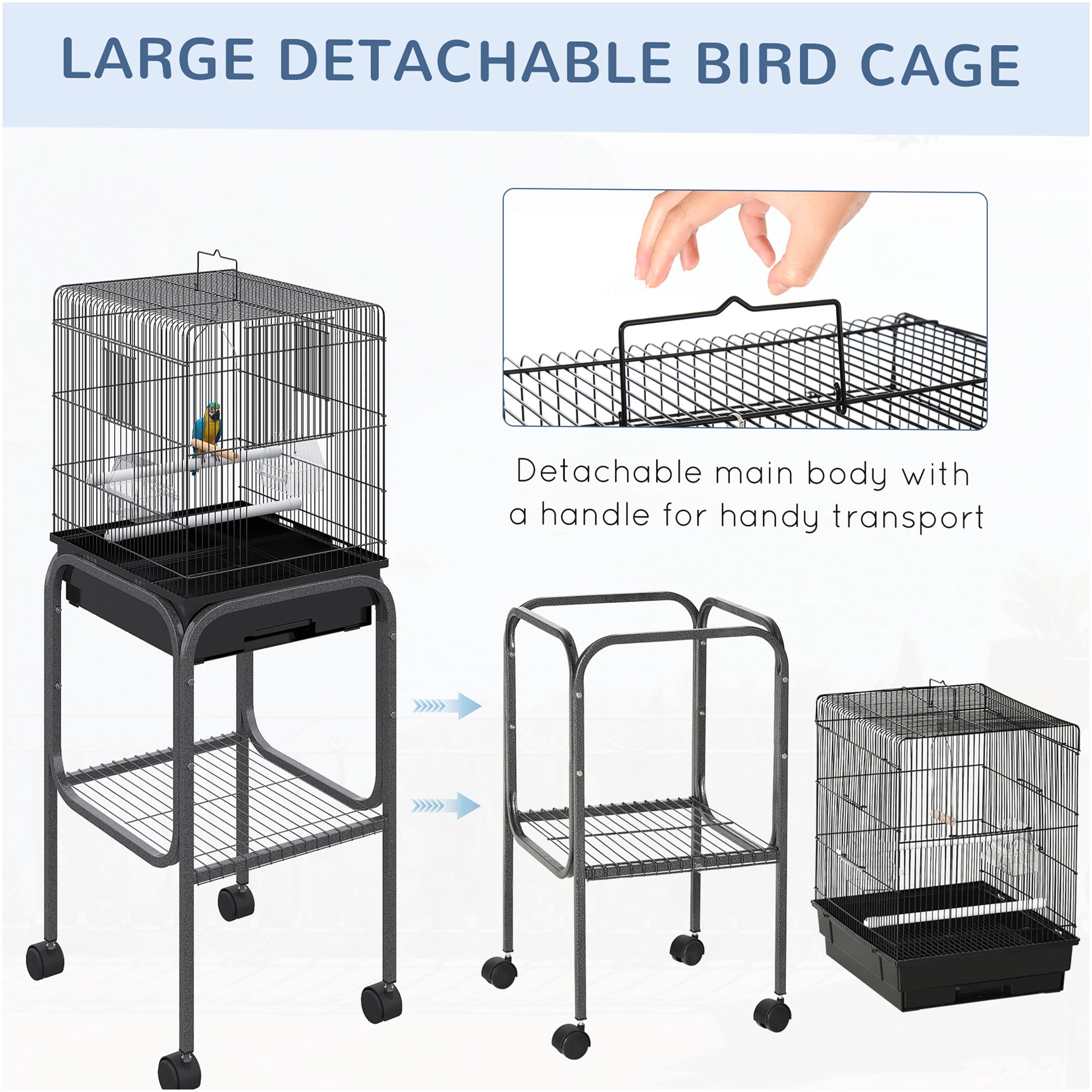 JERFIT 70'' Large Black Metal Bird Cage with Rolling Stand, Flight Parrot Cage Aviary for Parakeets Finches Cockatiels, Bird House with Feeder Doors & Slide-Out Tray