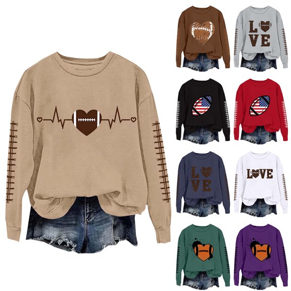 Weikingp Football Sweatshirts Mom Sweatshirt Long Sleeve Sweatshirt Funny Sweatshirt Crewneck Casual Tops Long Sleeve Pullover Tops Vintage Crewneck Sweatshirt Thin Sweatshirts Brown L