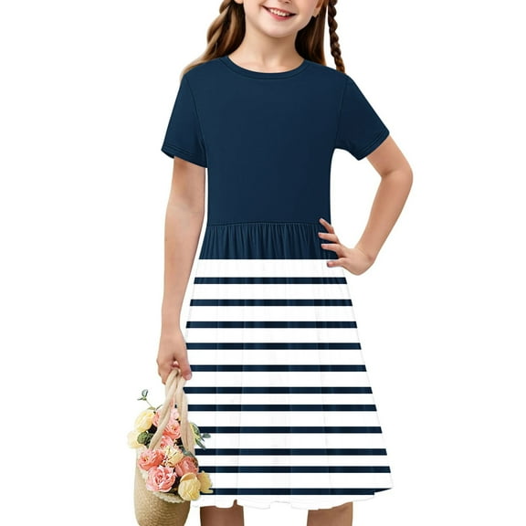 piuwrlz Kids Short Shirt Dresses Little Girls 11 Years Skirts Striped Printed Stripe Simplicity Dress Navy