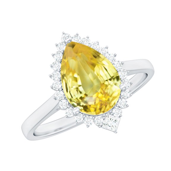 Rosec Jewels Lab Grown Yellow Sapphire Pear Shaped Engagement Ring with Halo - 8X10 mm Yellow Sapphire Diamond Ring - AAAA Grade, 925 Sterling Silver, US 4.00