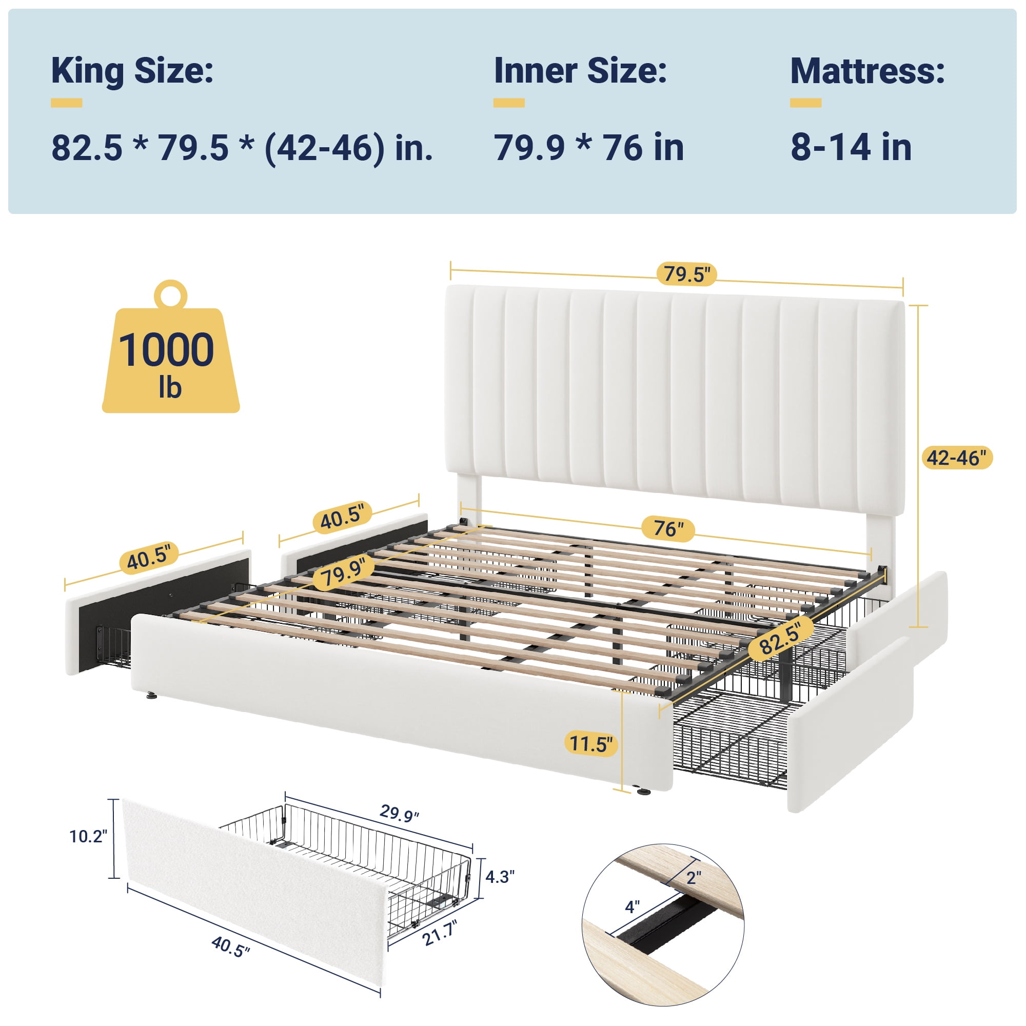 Allewie King Size Storage Bed Frame,Adjustable Headboard, Velvet Upholstered Platform Bed with 4 Oversized Underbed Drawers, Wooden Slats Support, No Box Spring Needed, White