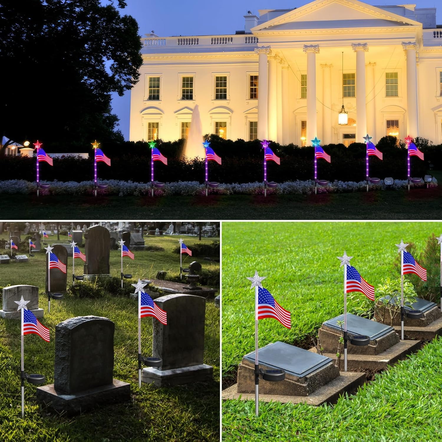 US Flag Solar Garden Lights, 4 Pack 24 LED 7 Color Changing American Flag Landscape Light, 4th of July Outdoor Decor Star Solar Stake Lights for Yard Patio Walkway Pathway