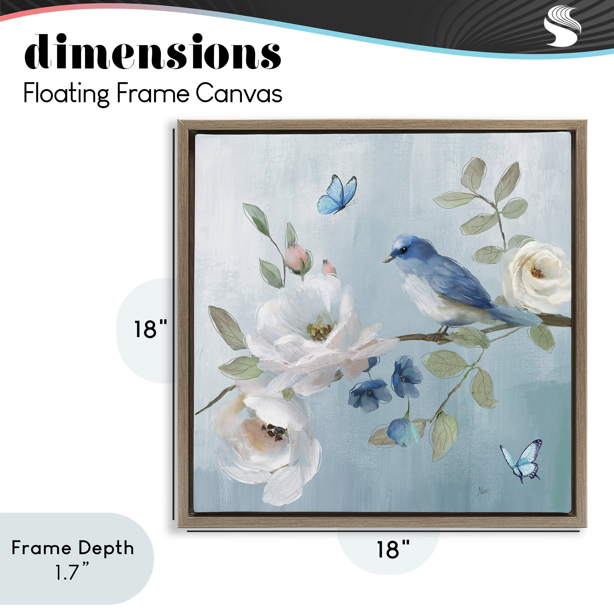 Stupell Industries Pastel Blue Bird Blooms Brown Framed Floater Canvas Wall Art, design by Nan