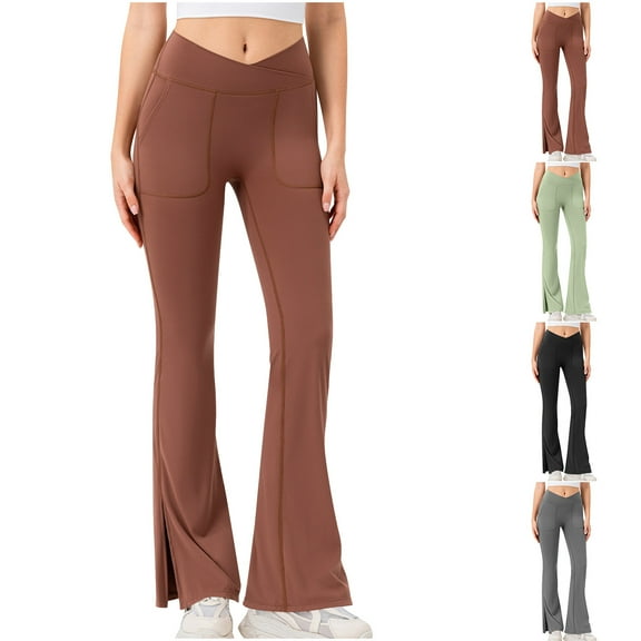 FRSASU High Waisted Bell Bottom Jeans for Women Flare Stretchy Pull on Wide Leg Jean Woman V Cross Flare Leggings Pants Gray