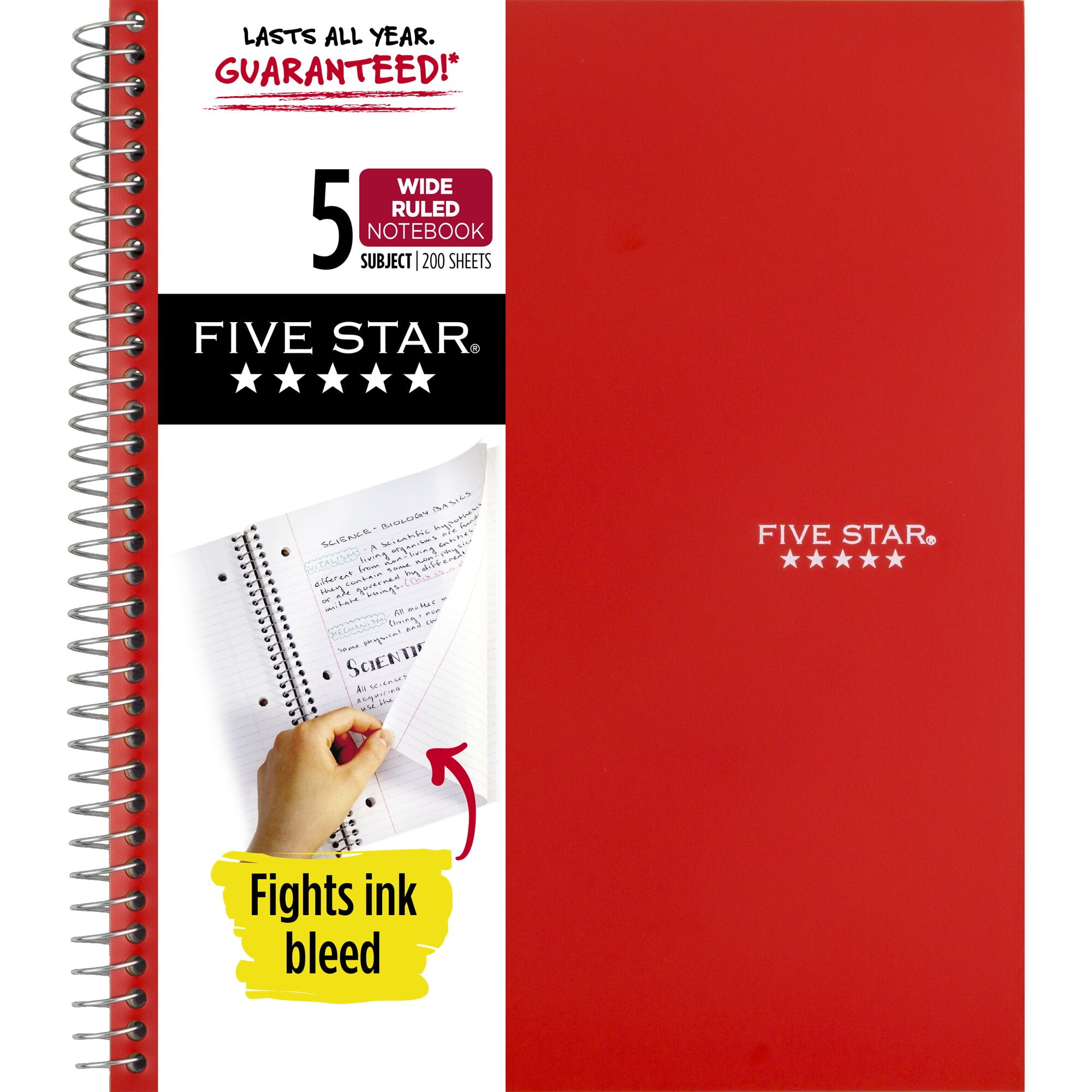 Five Star Wirebound Notebook, 5 Subject, Wide Ruled, 10 1/2" x 8", Fire (930012CK1-WMT)