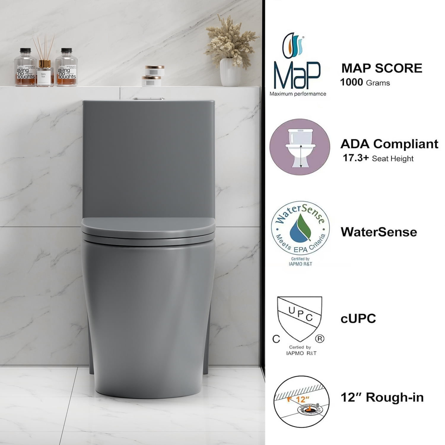 One-Piece Toilet for Bathrooms,Modern Toilet Elongated Bowl with Soft Close Seat,1.1/1.6 GPF,Gray 02