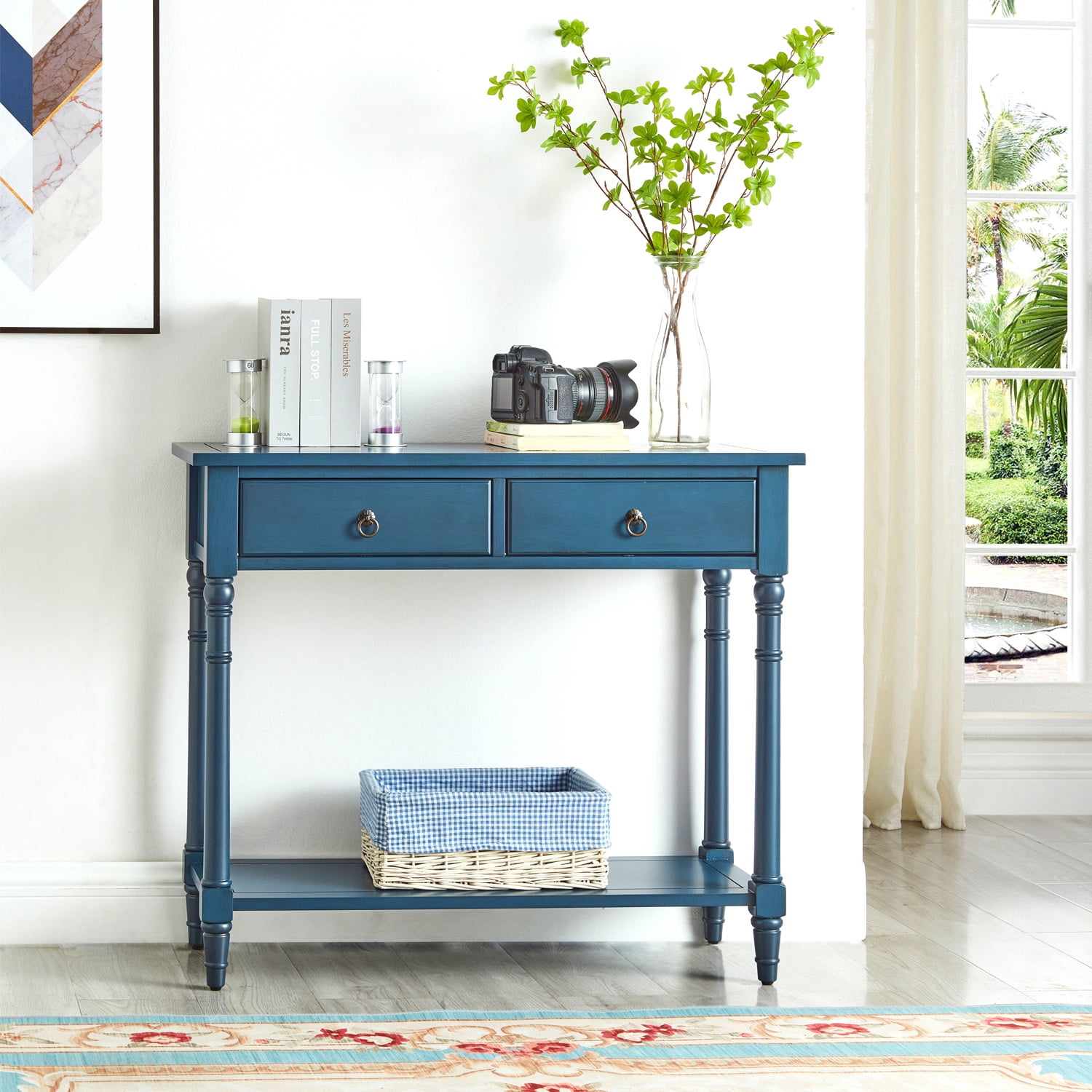 BSHTI Console Table with Drawers, Modern Wooden Entryway Table with Storage Shelf for Living Room, Blue