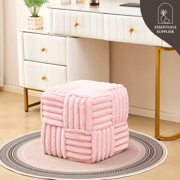 Pink Corduroy Ottoman Vanity Stool – Square Footrest for Bedroom & Entryway