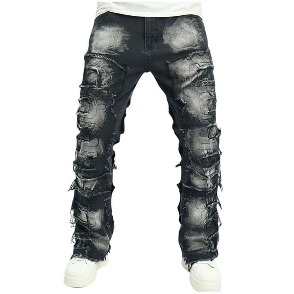 SSAAVKUY Stretch Stacked Jeans Mens Slim Fit Ripped Cargo Jeans Distressed Straight Leg Hip Hop Trousers with Pockets Black 6
