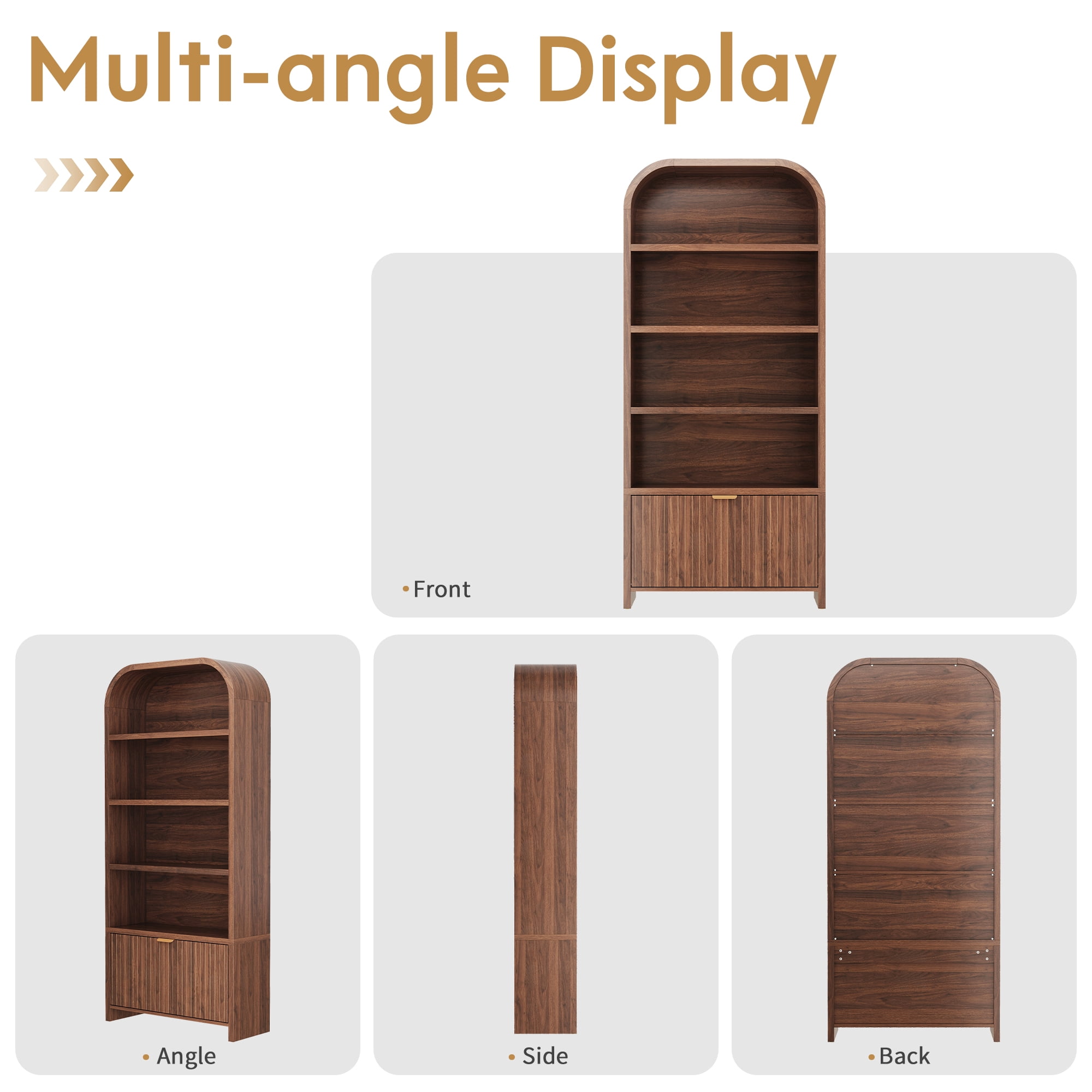 YOCWO 70" Tall Arched Bookcases with 1 Large Drawers & 4 Shelves, Wooden Bookshelf with Carved Line and Curved Top for Living Room Office, Walnut