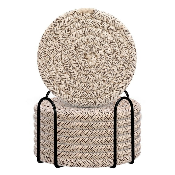 TIFOR 8 Pcs Drink Coasters with Holder, Cotton Woven Absorbent Coasters for Drinks, Minimalist Home Decor Coaster Set for Wooden Tabletop Protection Table(Color 1)