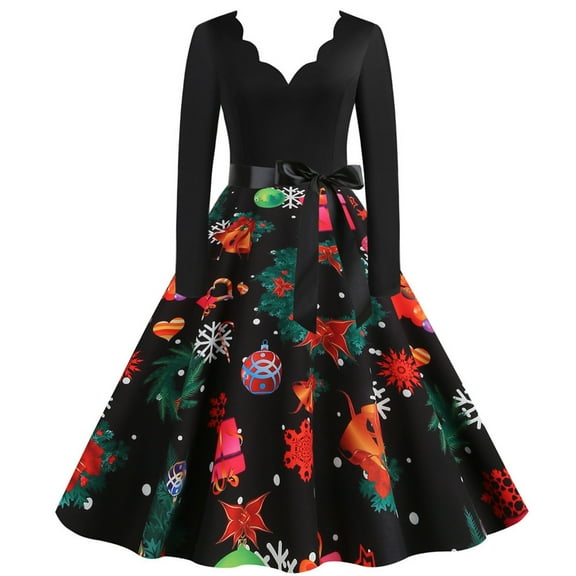 Luxalzxs Christmas Dresses Fall Dresses for Women 2023 Women's Trendy Long Sleeve V-Neck Vintage A-Line Cocktail Midi Dress Christmas Print Party Dresses