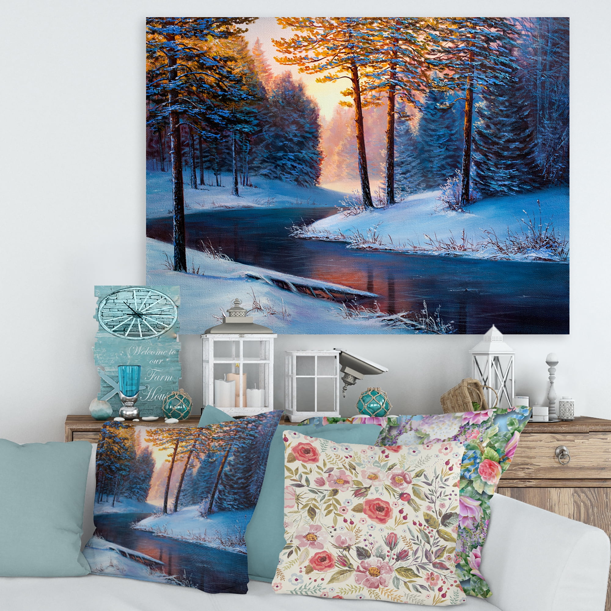 Designart ' Morning Glow Through The Christmas Forest By The River ' Lake House Canvas Wall Art Print