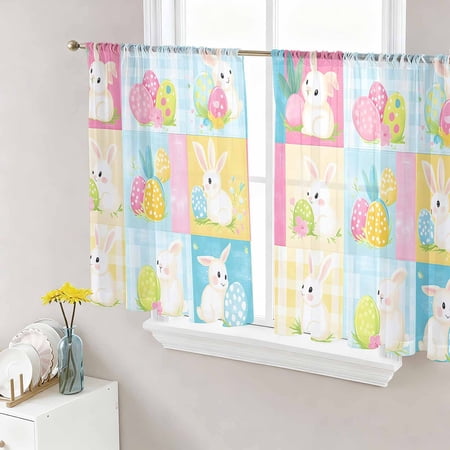 Spring Easter Semi Sheer Curtains 54 Inch Length 2 Panels Set Plaid Bunny Eggs Checkered Farmhouse Sheer Kitchen Curtain Privacy Voile Window Curtain for Living Room Bedroom Rod Pocket Drapes
