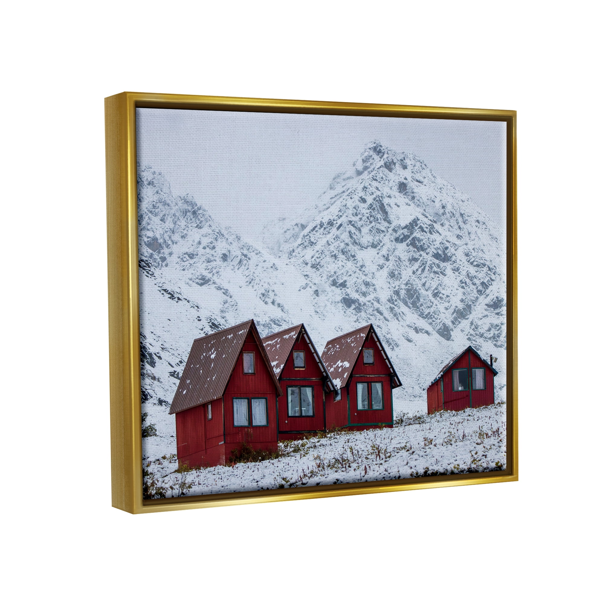 Stupell Industries Snowy Mountain Shacks Landscape Photography Gold Floater Framed Canvas Art Print Wall Art, 31 x 25