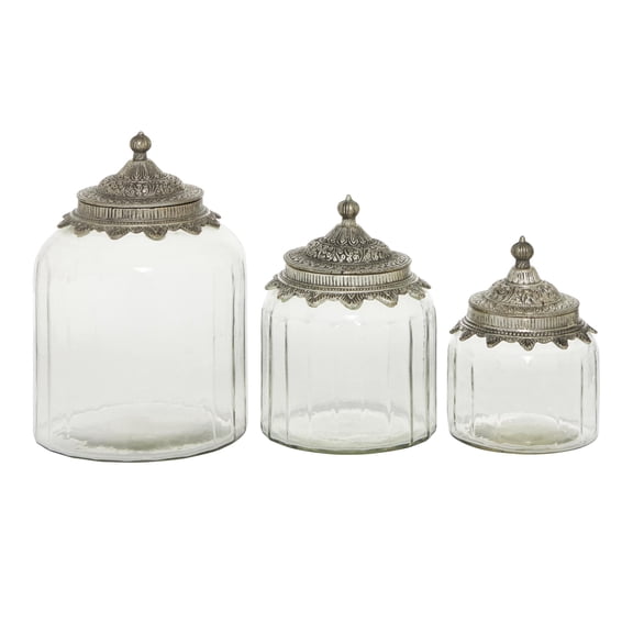 DecMode 6", 7", 9"H Clear Glass Decorative Jars with Engraved Silver Lids, 3-Pieces