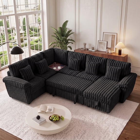 Howcool Modular Sectional Sleeper Sofa, U‑Shaped 7‑Seat Convertible Cloud Couch with Pull‑Out Bed Storage Chaise,USB Charging Ports & Corner Coffee Table Plush Corduroy Couch for Living Room,Black