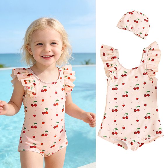 ZHOGXU Toddlers Kids Girls Swimwear Sleeveless Round Neck Cherry Print Comfortable Stylish Swimsuit Beachwear For Pool Beach Wear,Pink,3-4 Years