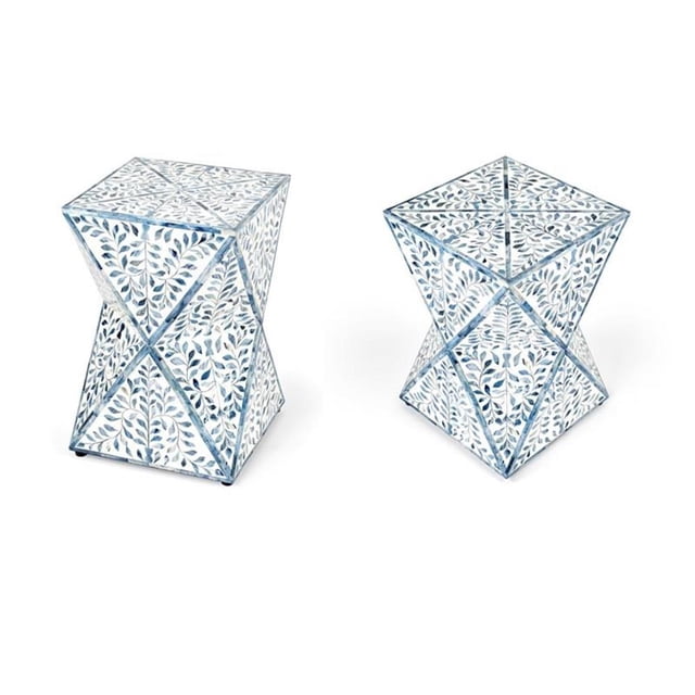 Pemberly Row Set of 2 Contemporary White And Blue Bone Inlay End Tables