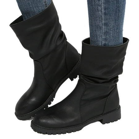 

Tuscom Winter Boots For Women Flat Leather Boots Comfortable Outdoor Non-Slip Mid-Calf Boots Wrinkle Ankle Boots