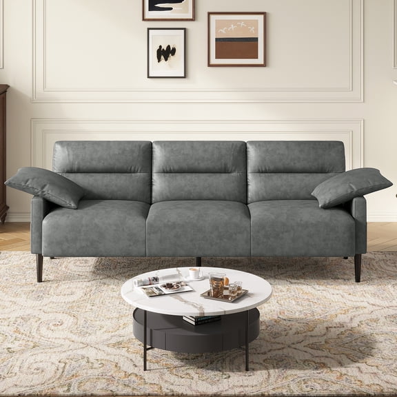BLAZANT Faux Leather Sofa Couch, Modern 83 Inch 3 Seater Couches with Deep Seats and 2 Pillows for Living Room, Apartment, Office, Bedroom, Grey