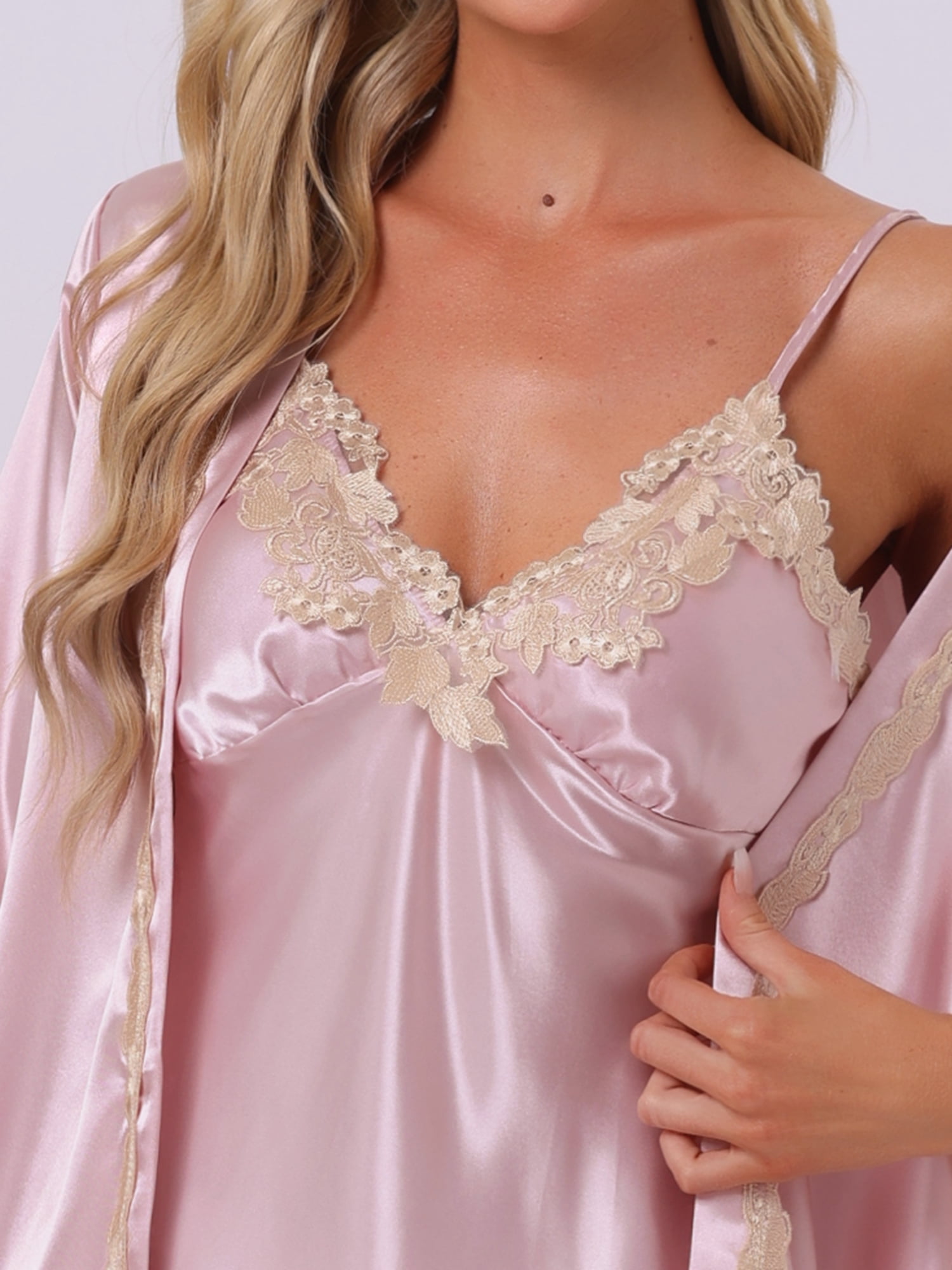 DARING DIVA Women's 2 Pcs Satin Pajamas Set with Robe M Light Pink