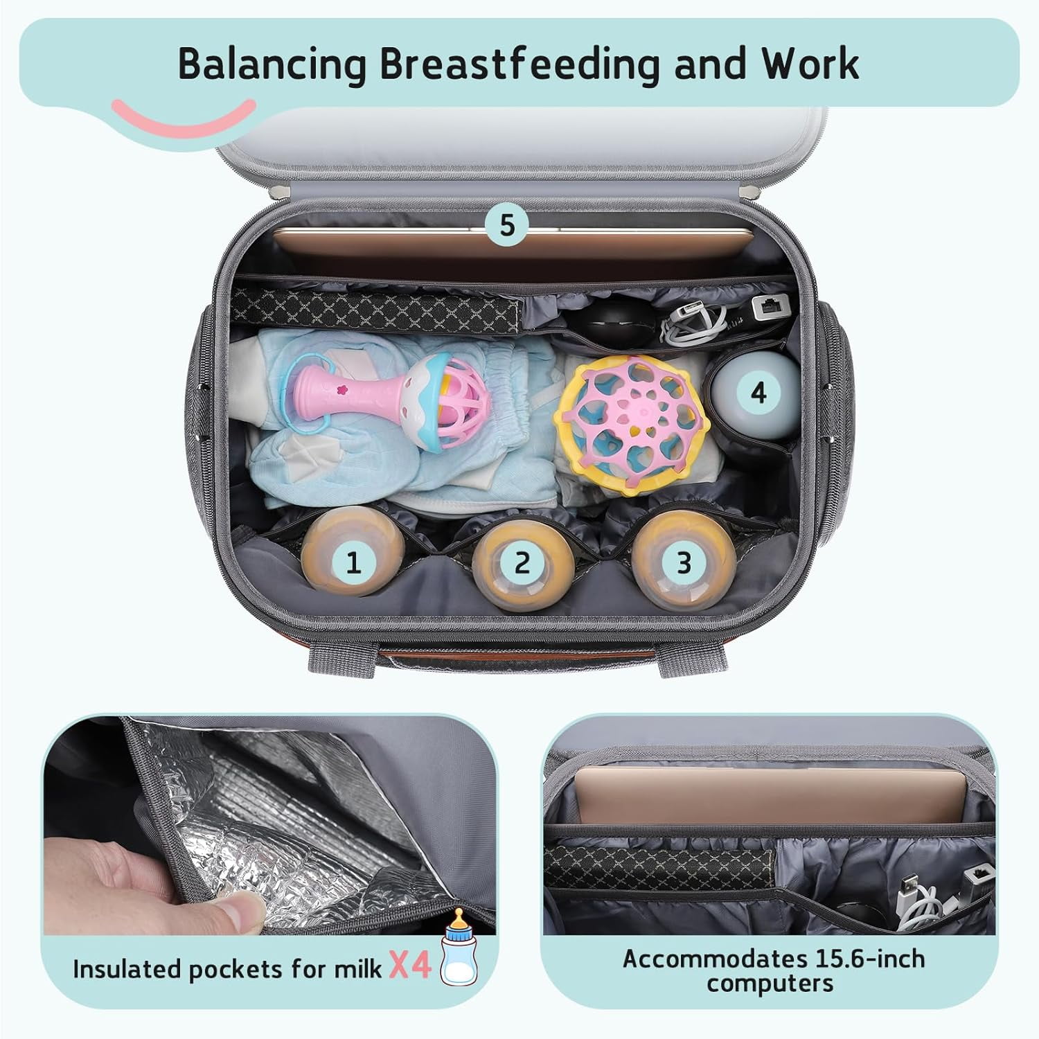 Breast Pump Bag, Diaper Bag Tote with 4 Cooler Pockets, Double-Layer Work Bag for Breastfeeding Mom fit 15'' Laptop
