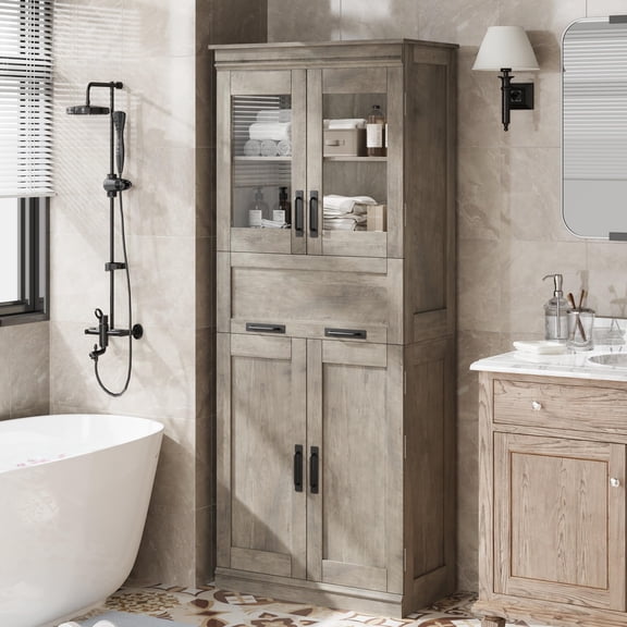 Gray 67" Tall Bathroom Cabinet 4 Doors Flip Glass Drawer Adjustable Shelves