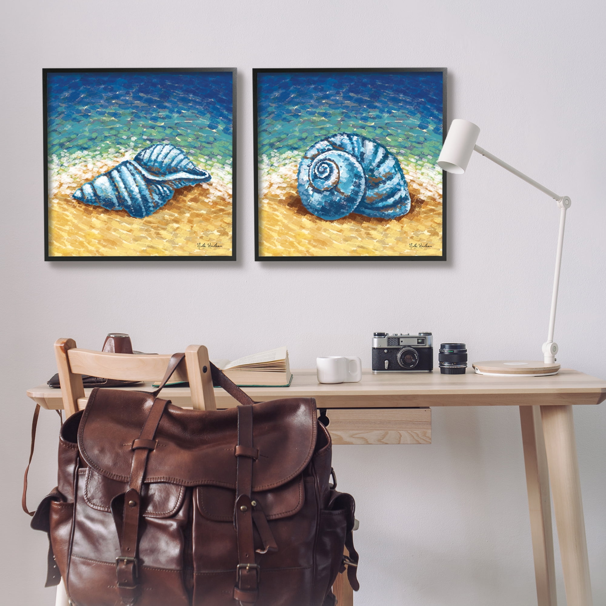 Stupell Industries Conch Shells on Shore Animals & Insects Painting Black Framed Art Print Wall Art, 24 x 24, Set of 2