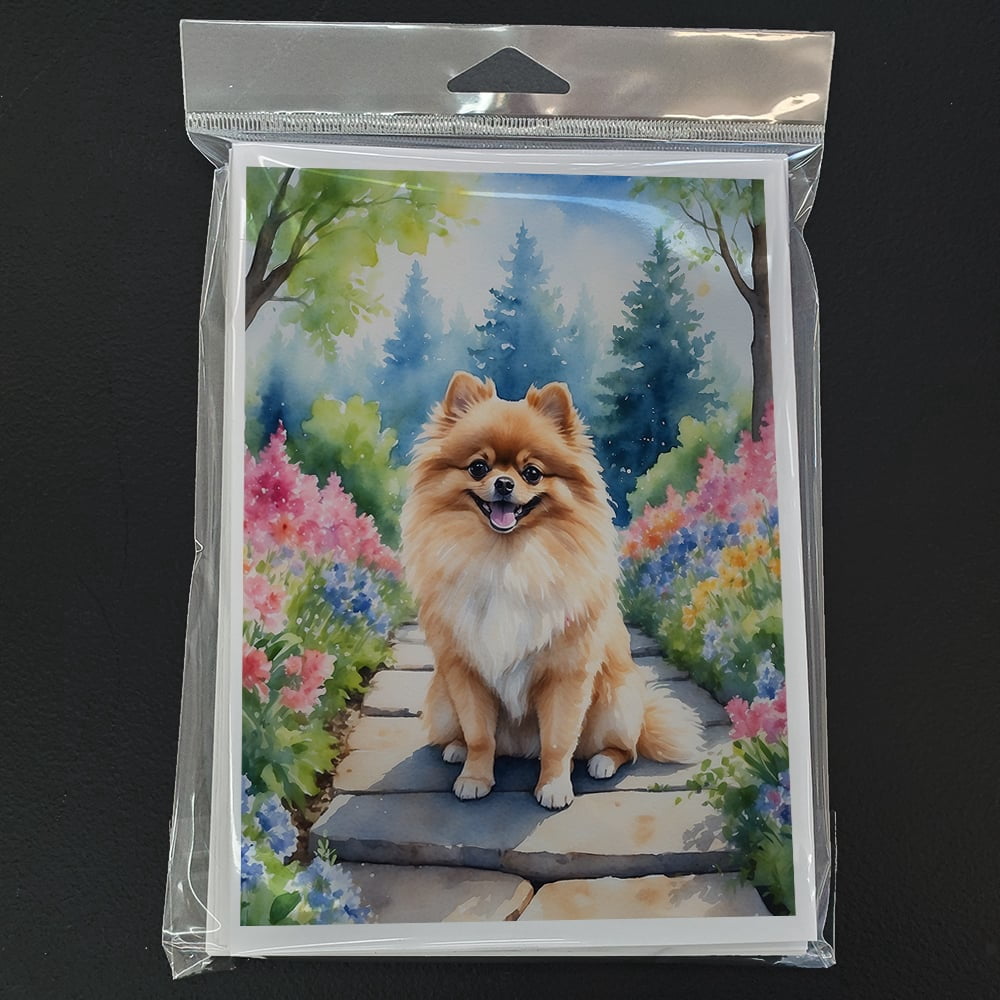 Pomeranian Spring Path Greeting Cards Pack of 8 7 in x 5 in