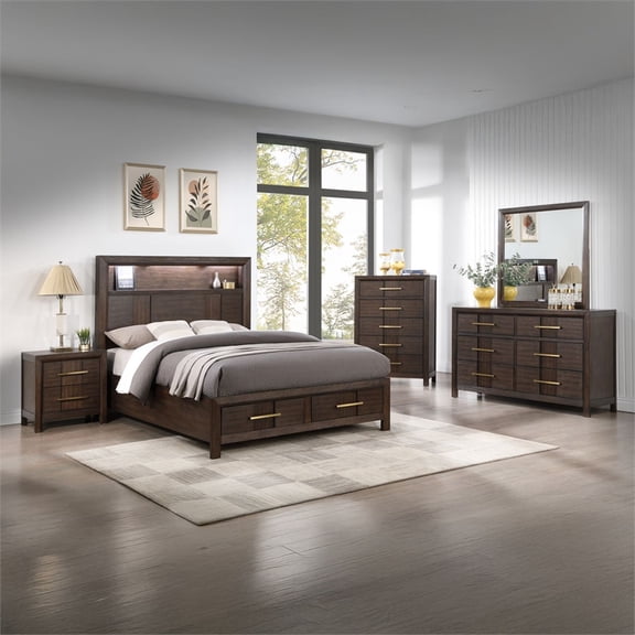5 PC Queen Modern Bedroom Set made with Wood in Walnut color