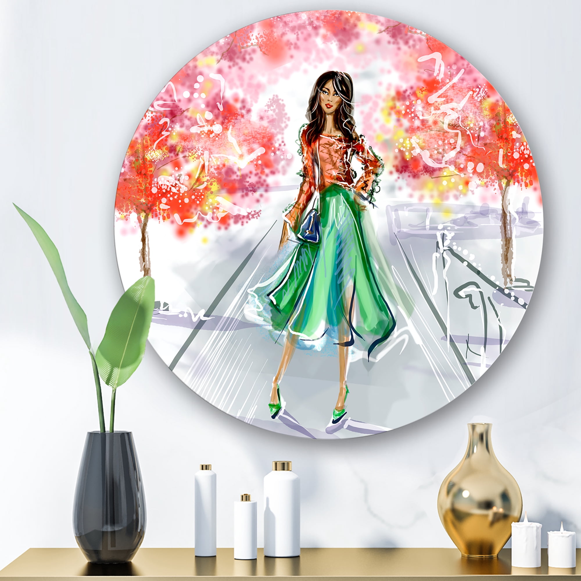 Designart 'Beautiful Woman Wearing Fashionable Clothes In Park' Traditional Circle Metal Wall Art 11x11 - Disc of 11