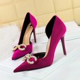 thumbnail image 3 of Zapatos de tacón alto para mujer, para banquetes, con boca poco profunda, puntiagudos, de gamuza gruesa, huecos laterales, para bodas, con hebilla de agua y diamantes de perla, 3 of 5