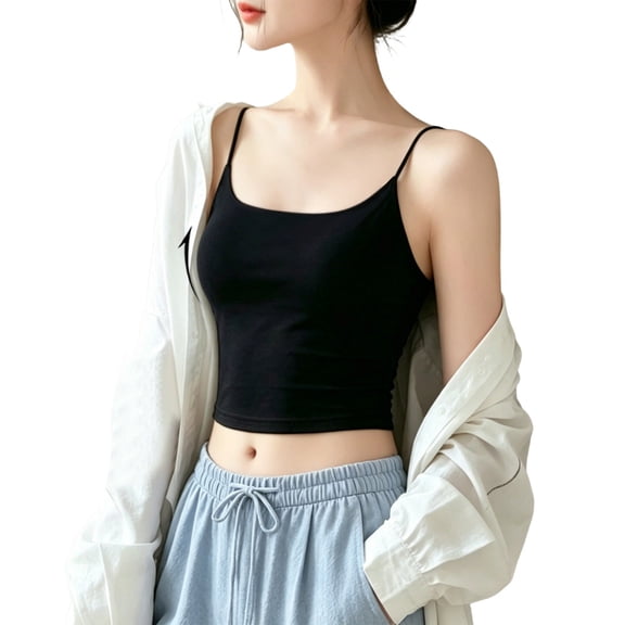 HAPIMO Women Square Neck Thin Straps Cami Top For Layering And Casual Outfit Styling Black L