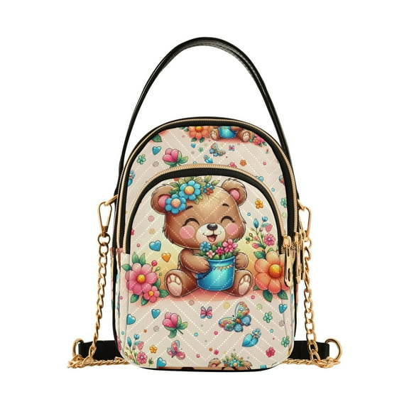 joogoo Women Cartoon Bear in Flowers Chain Crossbody Bags Shoulder Handbag Phone Purse