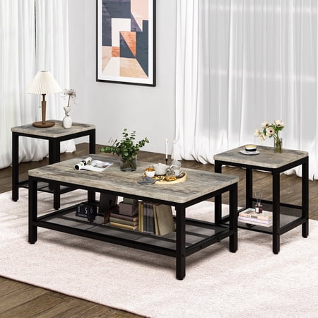 Baxluxe 3 Pieces Living Room Coffee Table Set, Retro Coffee Table with 2 Square End Tables, Tea Table Set with Metal Frame for Apartment Home Office, Gray