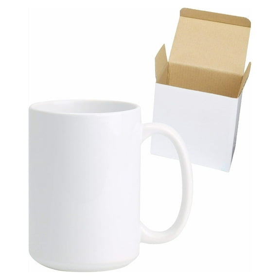 Ceramic 15oz White Sublimation Coffee Mug in White Box, Case of 12