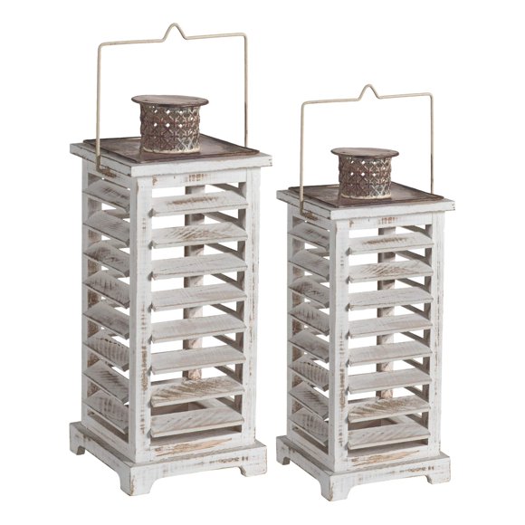 Juego de 2 faroles Benzara para velas, madera y metal, color blanco