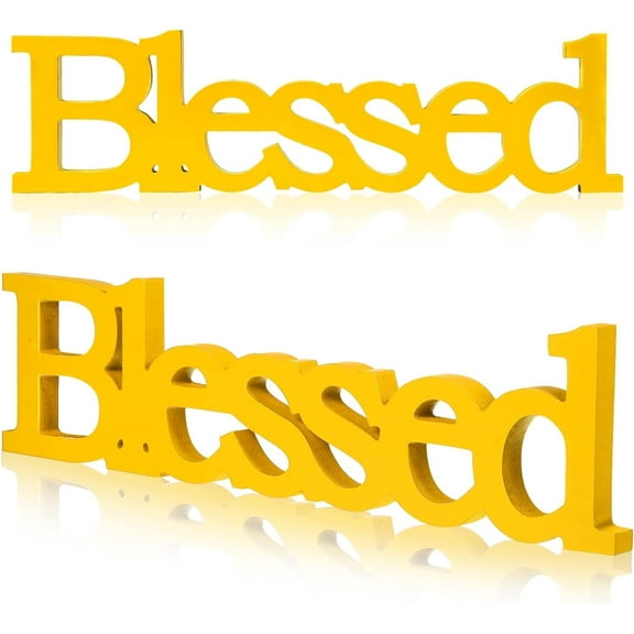 JUMRHFAN Blessed Letter Table Sign Blessed Standing Letter Table Sign Rustic Wooden Home Standing Decor for Wedding Graduation Party Baby Shower First Communion Christening Decorations(Yellow)